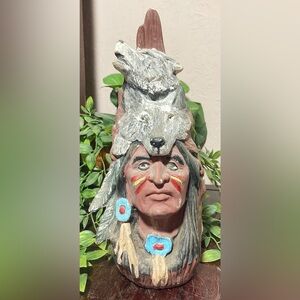 INDIAN CHIEF WOLVES Ceramic Native American Statue Figurine 11" HAND PAINTED ART
